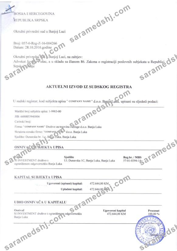 Bosnia and Hercegovina Certificate of Registration